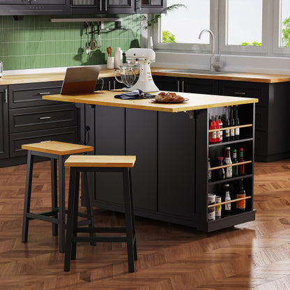 53inch Large Kitchen Island with Drop Leaf, Power Outlet, Door Internal Storage Rack, Rolling Kitchen Cart on 5 Wheels with 5 Open Side Racks for Kitchen, Dining Room,Black(Not include bar stools)