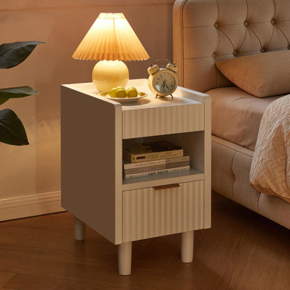 2 Pack White Fluted Nightstand, Integrated Base Bedside Table with Drawer & Open Cubby