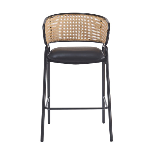 Indoor Metal Upholstered Barstool, Faux Leather Seat With Wowen Rattan Decorated Backrest, Set of 2