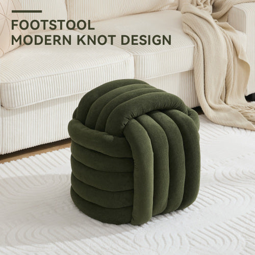 Green Chenille Knot Design Ottoman, Wooden Frame Foot Stool 19.29 inch, 250 LBS Fully Assembled
