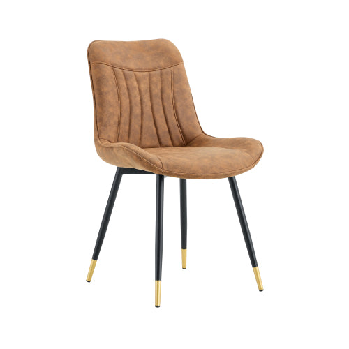 Set of 2 Brown Leathaire Tech Fabric Dining Chairs, Black Semi-Gloss Metal Leg Gold Trim Adjustable Feet Vertical Stitch High Back