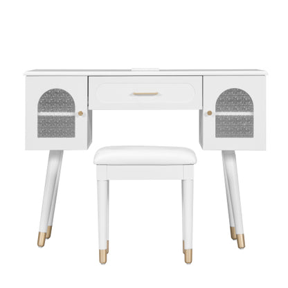 White Multi Purpose Vanity Table & Stool Set, Built in 2 Outlet & 2 USB Charging Port, Carved Glass Cabinet