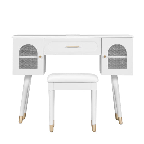 White Multi Purpose Vanity Table & Stool Set, Built in 2 Outlet & 2 USB Charging Port, Carved Glass Cabinet