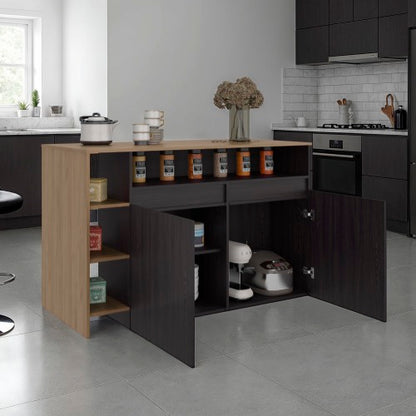 Kitchen Bar Counter with Ample Storage and Shelves, Black Wengue / Natural Oak