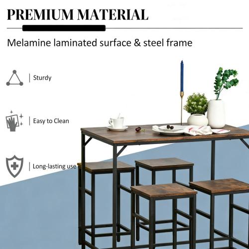 5-Piece Rustic Brown & Black Dining Set, Wood & Steel Counter Height Table with 4 Space-Saving Stools