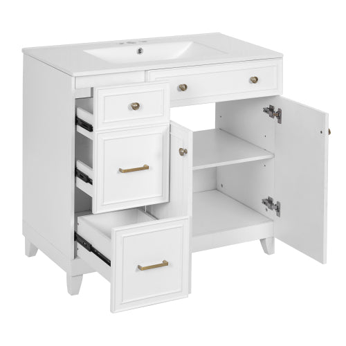 36" Bathroom Vanity with Ceramic Sink, Standard and Double-Layer Drawers, Soft Close Doors, Adjustable Shelves, Modern Storage Cabinet for Small and Medium Bathrooms