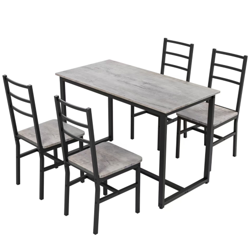 5-Piece Gray & Black Farmhouse Dining Set, MDF & Metal Table with 4 Backrest Chairs
