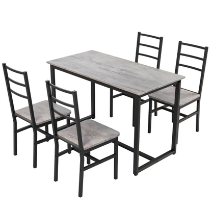 5-Piece Gray & Black Farmhouse Dining Set, MDF & Metal Table with 4 Backrest Chairs