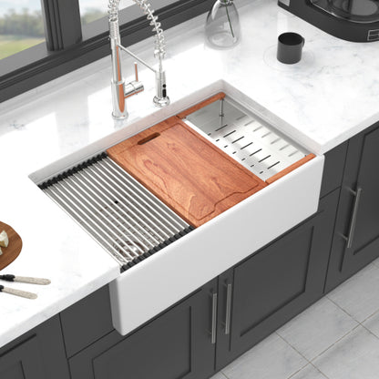 White Farmhouse Sink Workstation - 33 x 20 x 10 inch White Porcelain Ceramic Double Bowl Farm Kitchen Sink