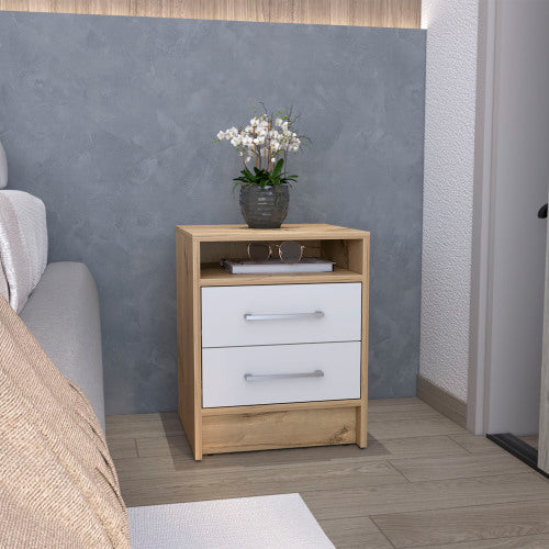 White & Light Oak 2-Drawer Nightstand with Open Shelf