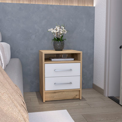 White & Light Oak 2-Drawer Nightstand with Open Shelf