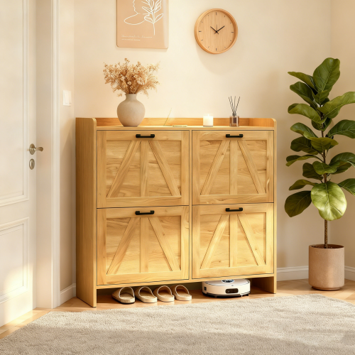 Light Oak Rustic Barn-Door Shoe Cabinet with 4 Flip Drawers, Sleek Space-Saving Entryway Organizer for Living Room
