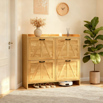 Light Oak Rustic Barn-Door Shoe Cabinet with 4 Flip Drawers, Sleek Space-Saving Entryway Organizer for Living Room