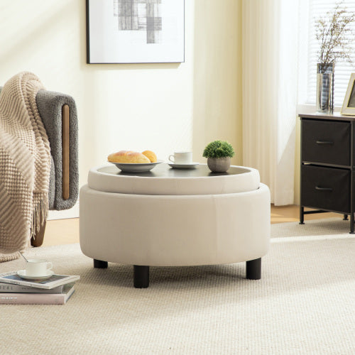 29.33 inch Beige Fleece Round Storage Ottoman, Hand Buckle Decor Reversible Lid Footstool, 300 LBS