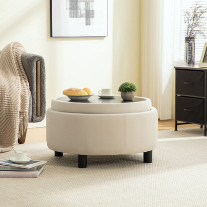 29.33 inch Beige Fleece Round Storage Ottoman, Hand Buckle Decor Reversible Lid Footstool, 300 LBS
