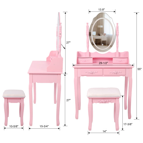 Pink Princess Vanity Desk Set with Mirror & Cushioned Stool,Light Modes,4-Drawer Wooden Makeup Vanity Table for Girls' Bedroom, Dressing Table with Ample Storage