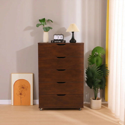 5 Drawer Dresser on Wheels Dark Brown Rolling Chest of Drawers Mobile Storage Cabinet for Bedroom Closet, Wide Drawer Organizer, 30.71" W x 15.75" D x 44.49" H