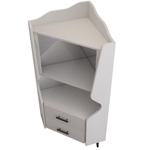 Wooden Corner bar cabinet with 2 open storage shelves and 2 drawers, mirrored back sideboard cabinet, high feet/legs for easy cleaning, buffet cabinet WHITE