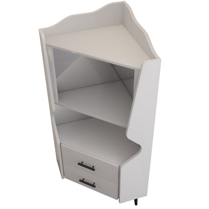 Wooden Corner bar cabinet with 2 open storage shelves and 2 drawers, mirrored back sideboard cabinet, high feet/legs for easy cleaning, buffet cabinet WHITE