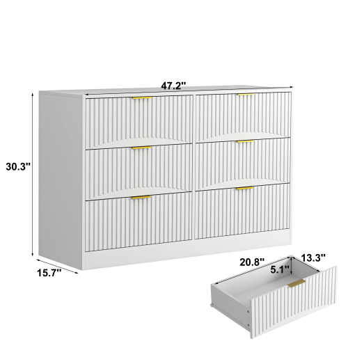 Modern 6-Drawer Dresser, Chest of Drawers for Bedroom, Living Room, Hallway, and Entryway - Large Storage Cabinet, White,Drawer panel with wavy patterns