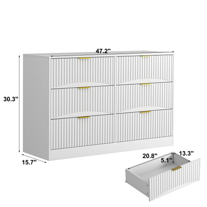 Modern 6-Drawer Dresser, Chest of Drawers for Bedroom, Living Room, Hallway, and Entryway - Large Storage Cabinet, White,Drawer panel with wavy patterns