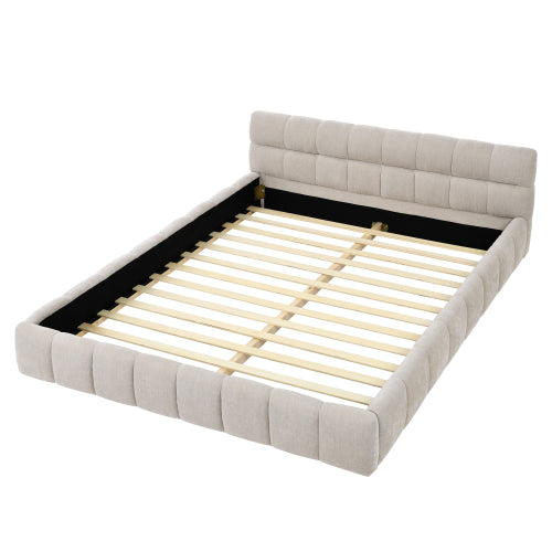 Queen Size Upholstered Bed Frame with Thick Fabric, Chenille Fabric Grounded Queen Size Platform Bed with Headboard and Solid Frame. No Box Spring Needed, Beige(68inch *86.5inch *23.5inch )