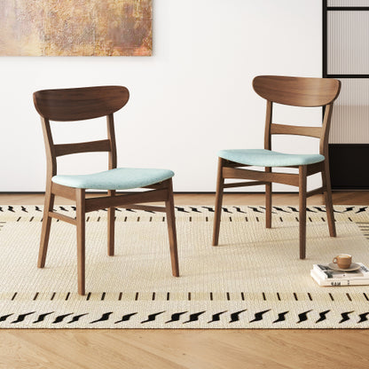 Set of 2 Mid-Century Mint Upholstered Dining Chairs, Eco Rubberwood Splayed Leg Accent Side Chairs