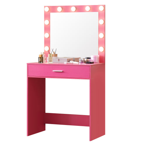 Pink Vanity Desk with Mirror and Lights, 11 LED Bulbs, Large Drawer, 3 Lighting Modes, Bedroom