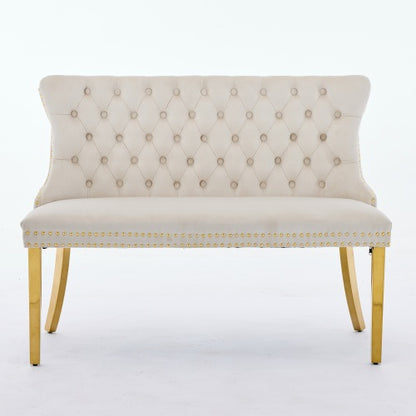Velvet Double Dining Loveseat Bench, Kitchen & Dining Seating, 2-Seat Tufted Bench w/Handmade Buttons, Wing Back, Gold-Plated Steel Legs, Mid Century Modern,Single Pack,Beige