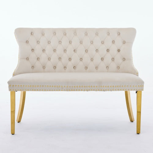 Velvet Double Dining Loveseat Bench, Kitchen & Dining Seating, 2-Seat Tufted Bench w/Handmade Buttons, Wing Back, Gold-Plated Steel Legs, Mid Century Modern,Single Pack,Beige