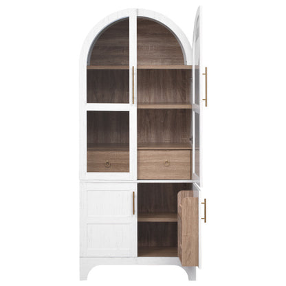 71inch  Arched Kitchen Pantry Cabinet with Glass Doors White