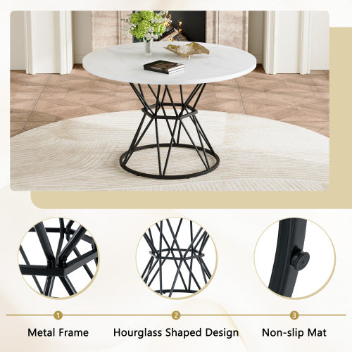 47.3 Inch Marble MDF Round Dining Table, Modern Industrial Hourglass Metal Bracket Table for 4-6 People