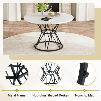 47.3 Inch Marble MDF Round Dining Table, Modern Industrial Hourglass Metal Bracket Table for 4-6 People