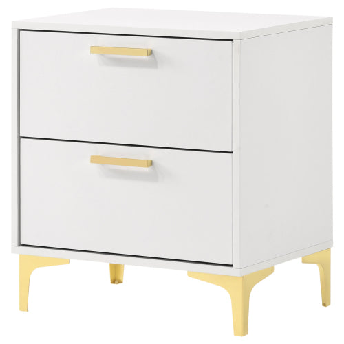 White and Gold 2-Drawer Nightstand, Modern Bedside Table with Gold Metal Accents
