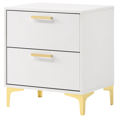 White and Gold 2-Drawer Nightstand, Modern Bedside Table with Gold Metal Accents