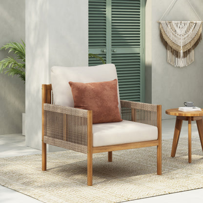 Modern Outdoor Woven Lounge Chair with Solid Wood Frame and Comfortable Polyester Cushions, Perfect for Patio, Garden, or Balcony