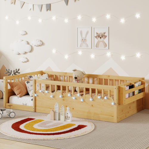 Twin Montessori Floor Bed Frame with High Rails, Wood Kids Floor Beds with Light and Storage Shelf, Natural