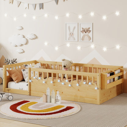 Twin Montessori Floor Bed Frame with High Rails, Wood Kids Floor Beds with Light and Storage Shelf, Natural