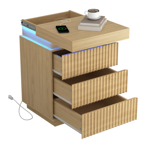 2 Pack Natural Nightstand, Sliding Top Charging Station & RGB LED with Fluted Drawers