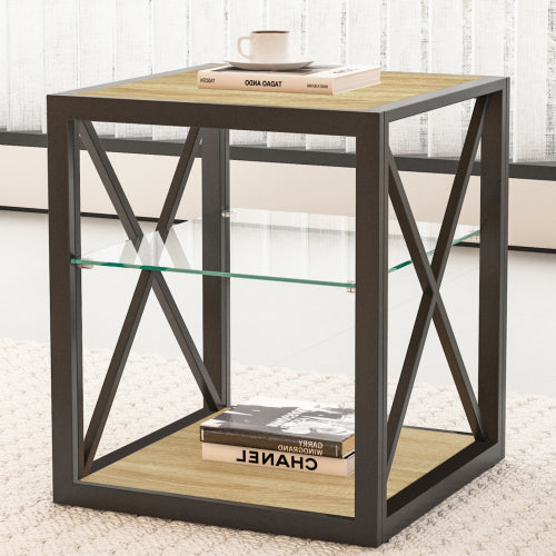 1 piece Modern End Table Nightstand for Bedroom & Living Room, Tempered Glass&Natural Wood MDF Top , Industrial Style Side Table