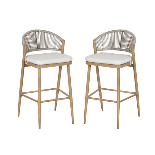 Outdoor 30.25" Seat Height Aluminum Frame Barstools with PE Rattan Scallop-shaped Backrest, Set of 2, Maple Finish