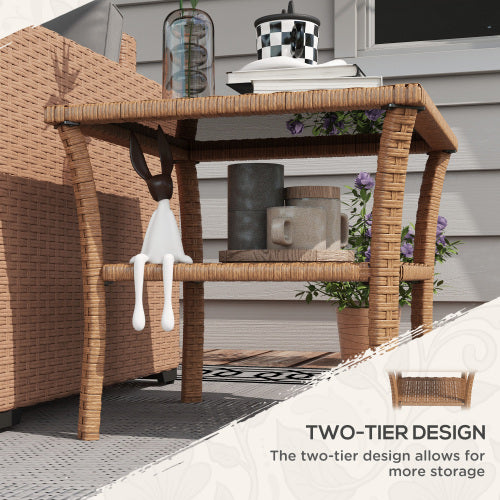 Outsunny Rattan Side Table Outdoor End Table with Storage Shelf Aluminum Frame Tempered Glass Top