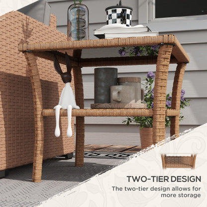 Outsunny Rattan Side Table Outdoor End Table with Storage Shelf Aluminum Frame Tempered Glass Top