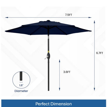 7.5 Feet Navy Blue Market Umbrella with Crank Lift & Tilt. UV-Resistant Canopy for Pool, Backyard & Patio (Without base)