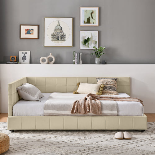 Full Size Upholstered Tufted  Bed Frame, Sofa Bed Frame with Comfortable Backrest and Armrests, Full Size Bed for Bedroom, Living Room,Velvet, NEW BEIGE(80.5inch *59inch *30.5inch )
