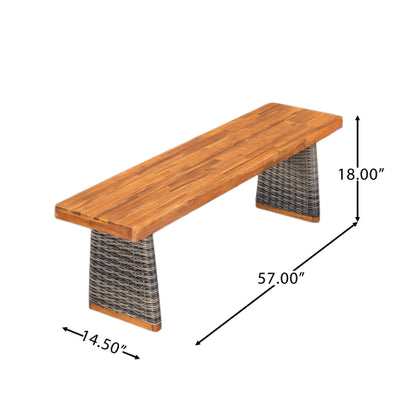 Outdoor 1pcs Acacia Wood Bench,Teak Finish+ Grey Wicker