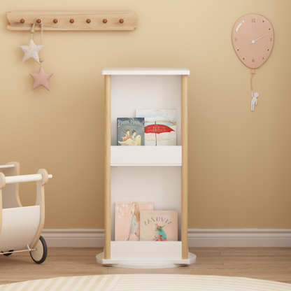 White & Natural 3-Tier 360¡ã Rotating Kids Bookshelf with Chalkboard, Toddler Toy Storage Rack 15.75¡Á15.75¡Á34.84 Inch