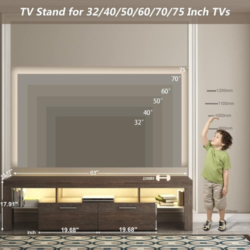 Farmhouse Brown LED TV Stand, Glossy Entertainment Center with Drawers for Up to 75 Inch TV