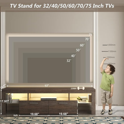 Farmhouse Brown LED TV Stand, Glossy Entertainment Center with Drawers for Up to 75 Inch TV