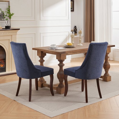 Set of 2 Blue Rayon Flocking Linen High Back Dining Chairs, Curved Solid Wood Legs Adjustable Leveling Feet